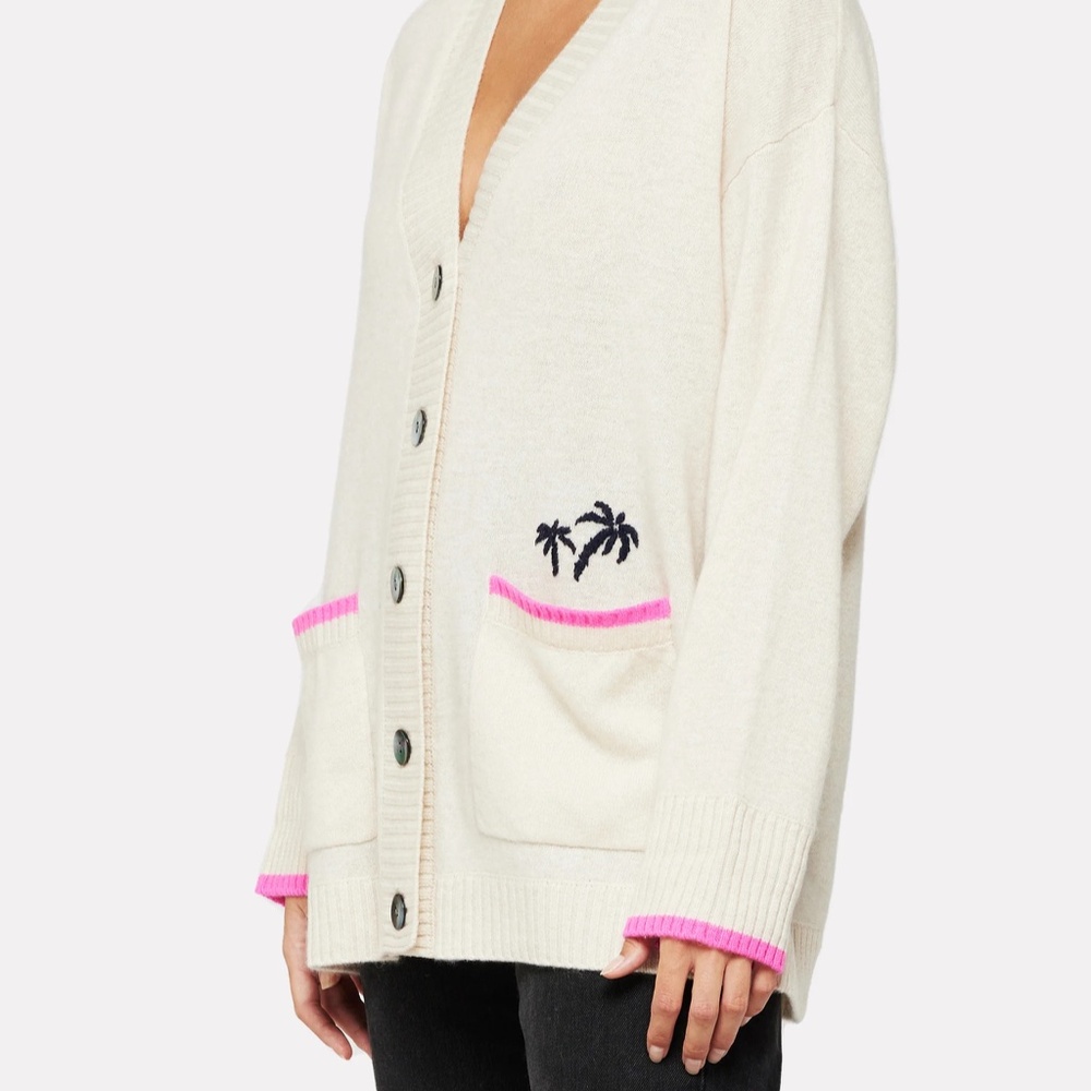 Brodie Cashmere Cream Sweater Cardigan with Neon Pastel Palm Sunset